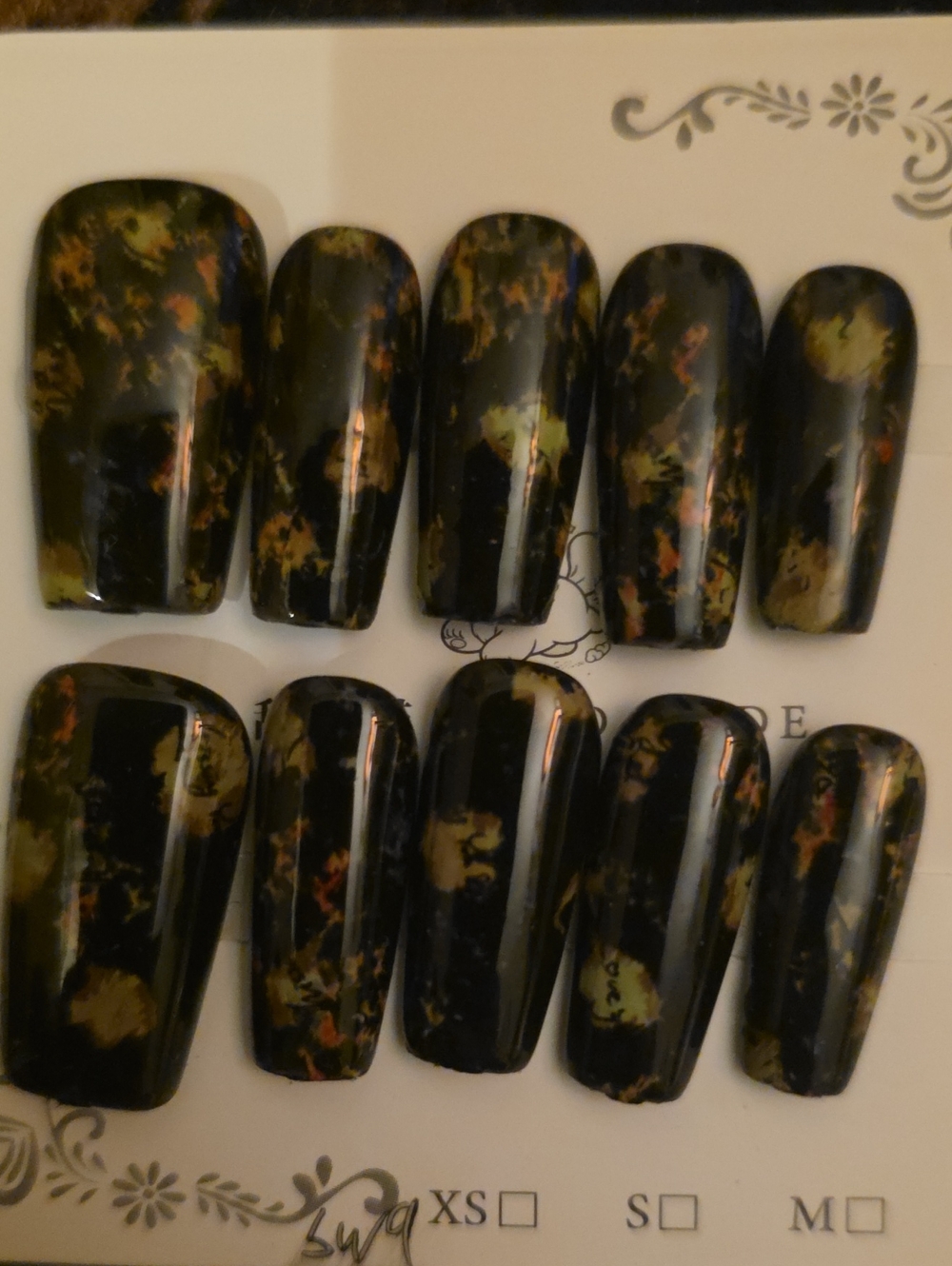 Black Marble Press-On Nails with Gold & Olive Accents Size Largr